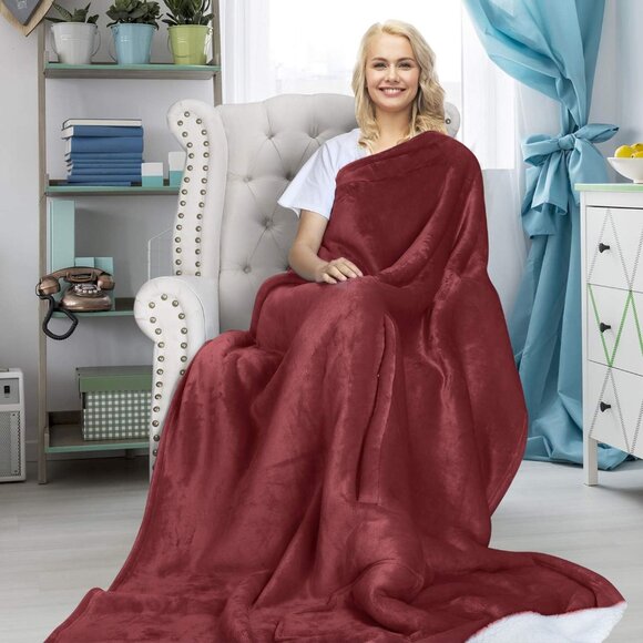 Catalonia Sherpa Wearable Blanket Poncho for Adult Women Men, Wine Color - Picture 2 of 6